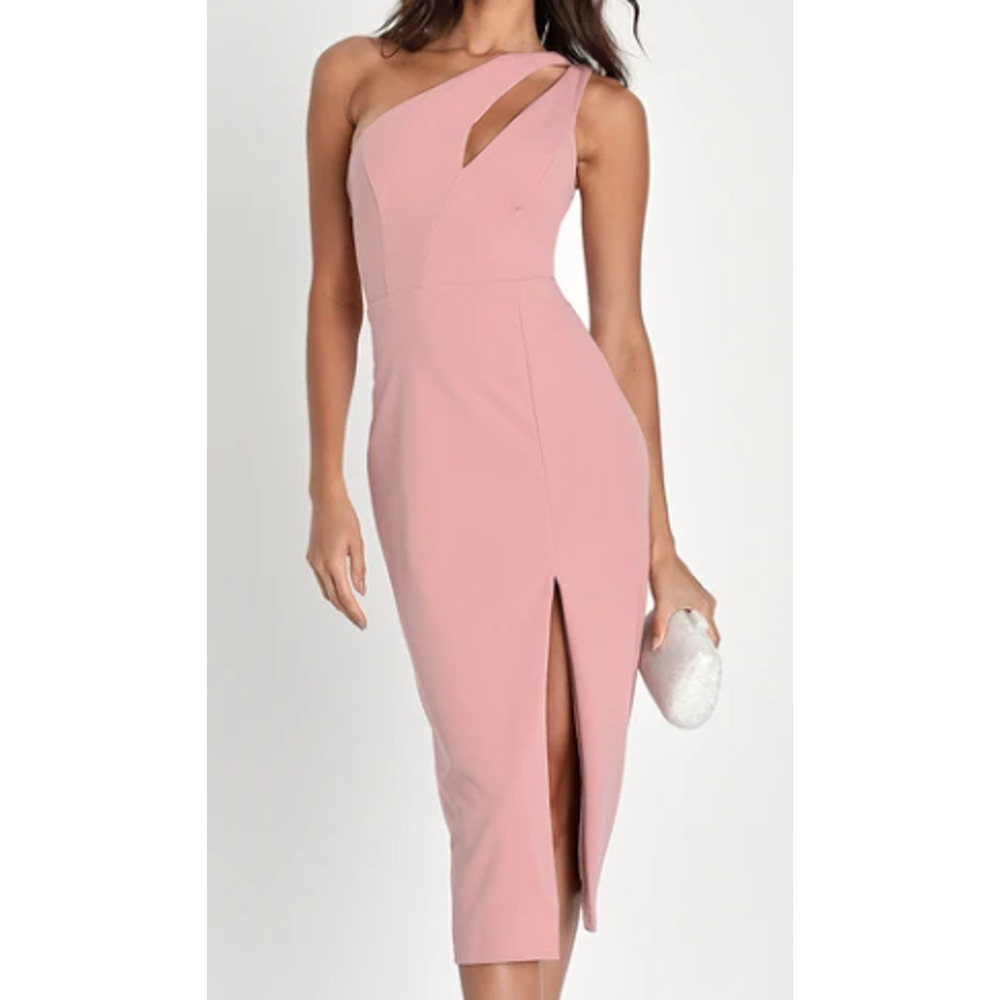 LULU'S SZ L Cocktail Club Blush Pink One-Shoulder Midi Dress NEW B47